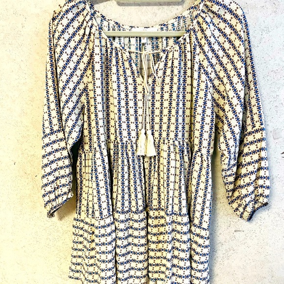 ENTRO MEDIUM‎ WOMENS BEIGE BLUE PATTERNED BOHO FLOWY LIGHT TASSELS SUMMER BLOUSE - Picture 1 of 7
